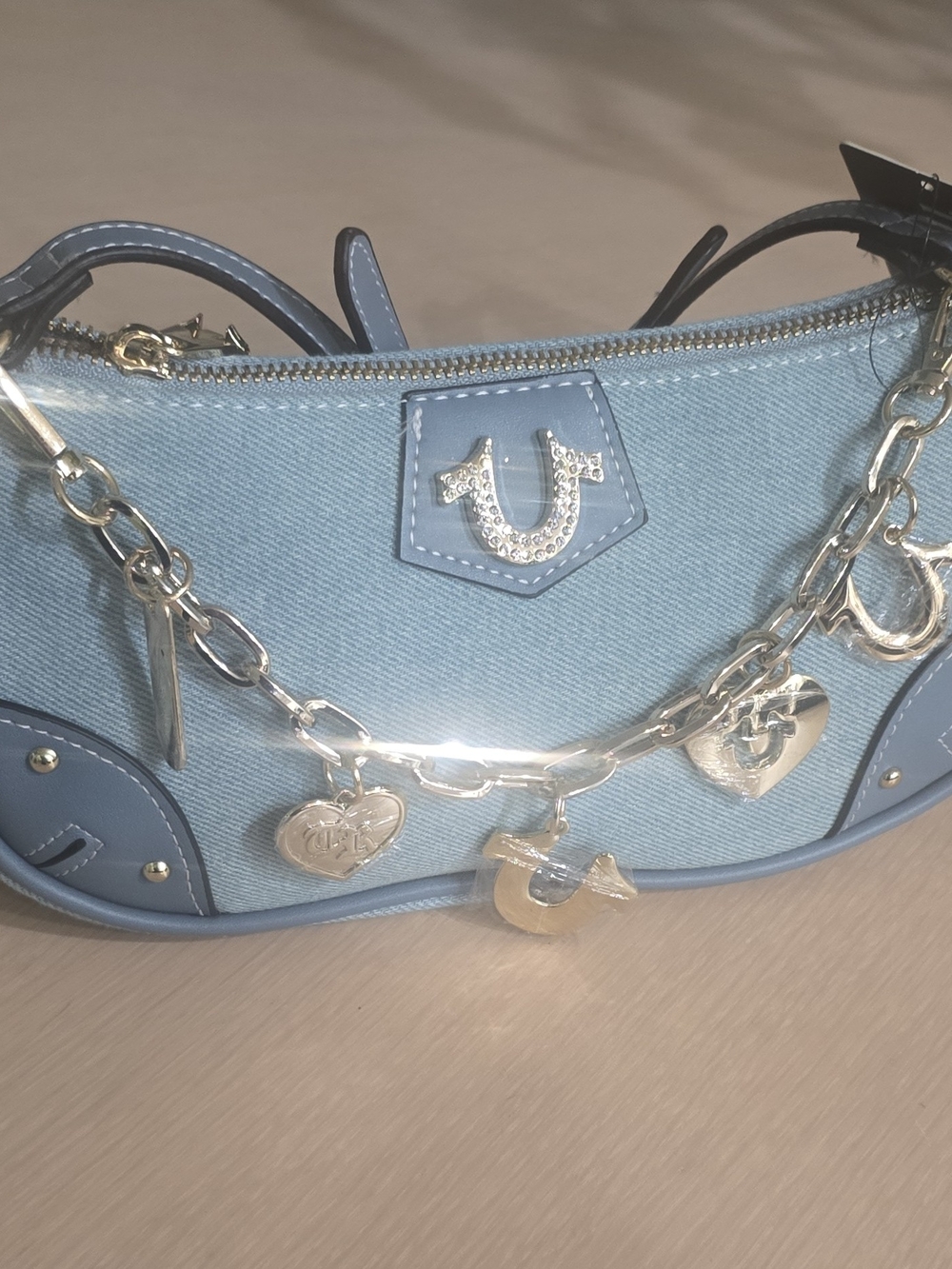 True Religion Light Blue Denim Shoulder Bag with Gold Charm Chain